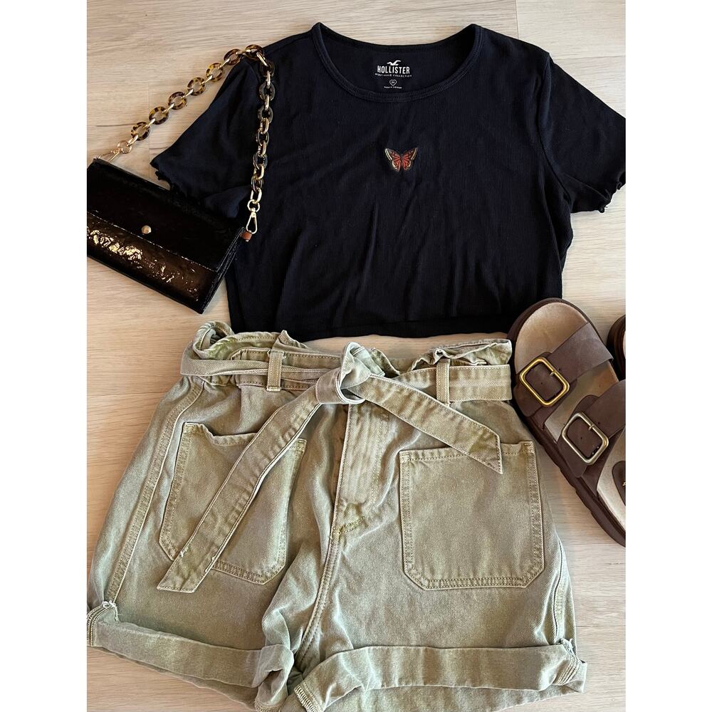 Y2K Hollister Black Ribbed Baby Tee Butterfly Crop Top Size M
